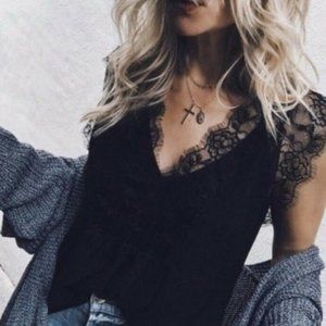 Boho black v neck lace detail tank top Minimalist